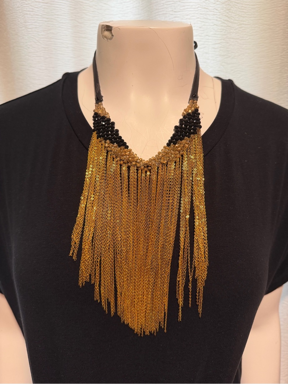 Gold Fringe Necklace with Black Bead Detail - Women Jewelry